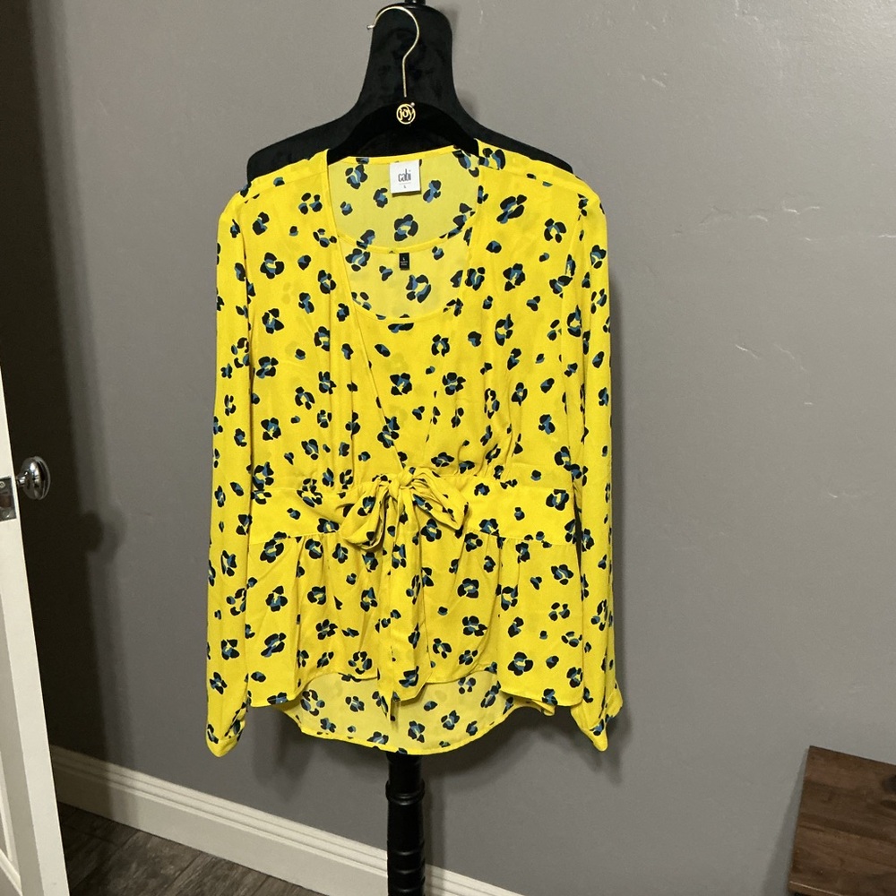 CAbi Sunny Yellow Floral Tie-Front Blouse